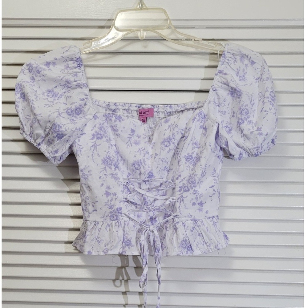 Summer Purple crop top floral flattering Lace Up Corset with Puff Sleeves